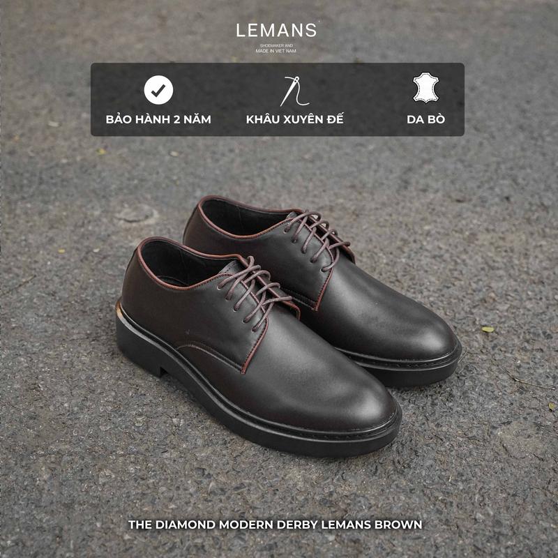 Giày tây Modern Derby Brown - LEMANS da bò nguyên tấm đế tăng chiều cao 4cm bảo hành chính hãng 24 tháng Cao Su Hoa Shoes