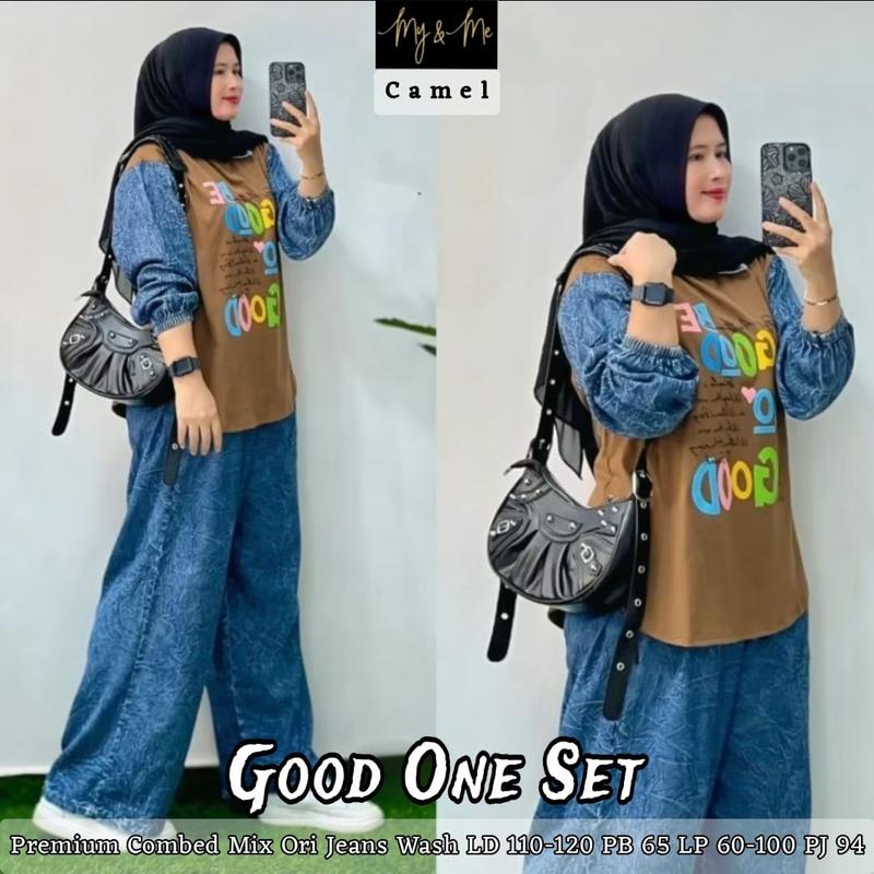 Good Oneset Setelan Celana Wanita Jumbo Bahan Combed Mix Jeans Wash 1
