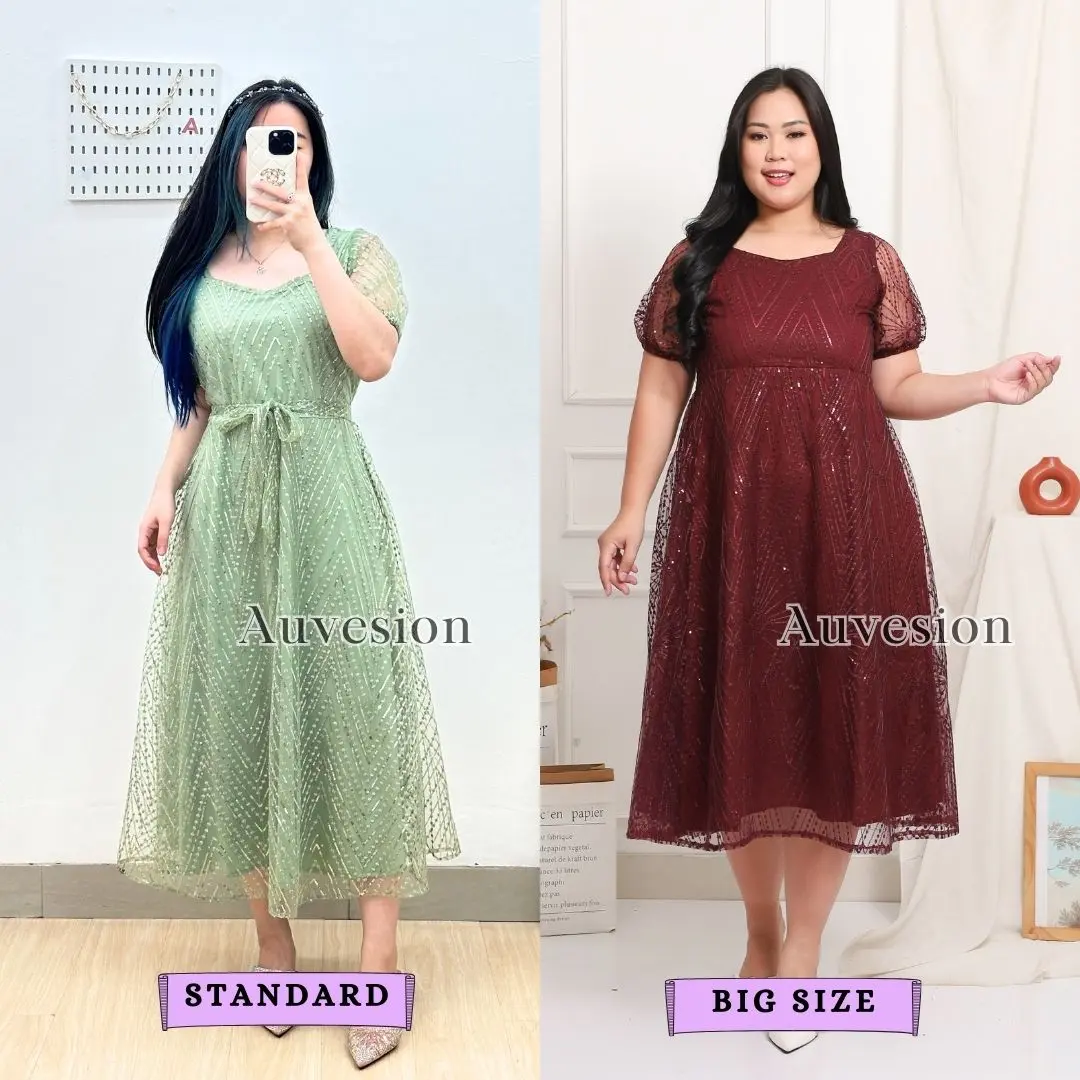 6208 Kalina Square Neck Brukat Midi Dress Wanita Kasual Elegan Manis Pesta Kecil
