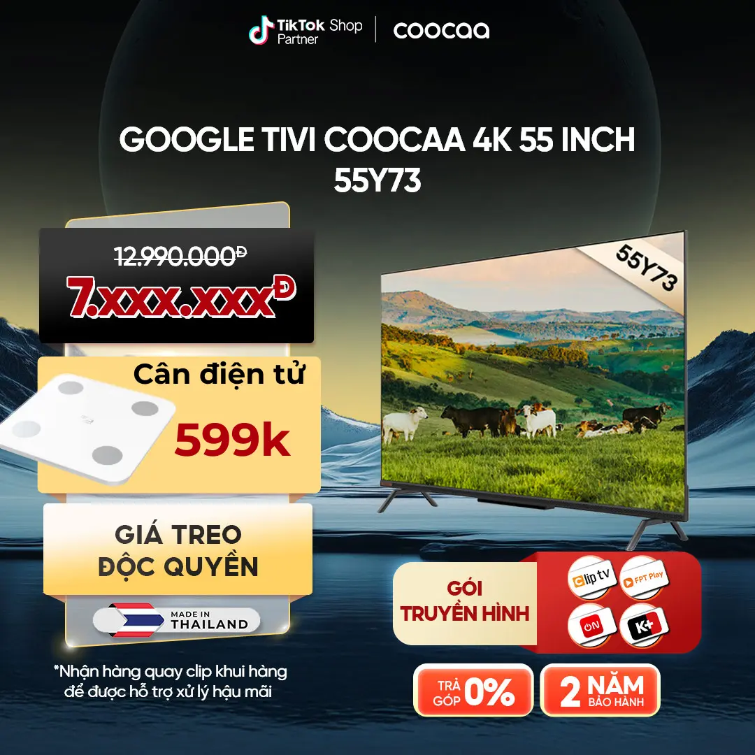 [Deal Độc Quyền-Tặng cân điện tử] Coocaa Google Tivi 4K 55 Inch - Model 55Y73 - Điều khiển giọng nói - Kết nối Bluetooth- Kho tàng ứng dụng Google Play