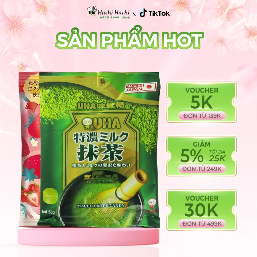 Kẹo sữa trà xanh/ sữa dâu UHA Tokuno - Hachi Hachi Japan Shop