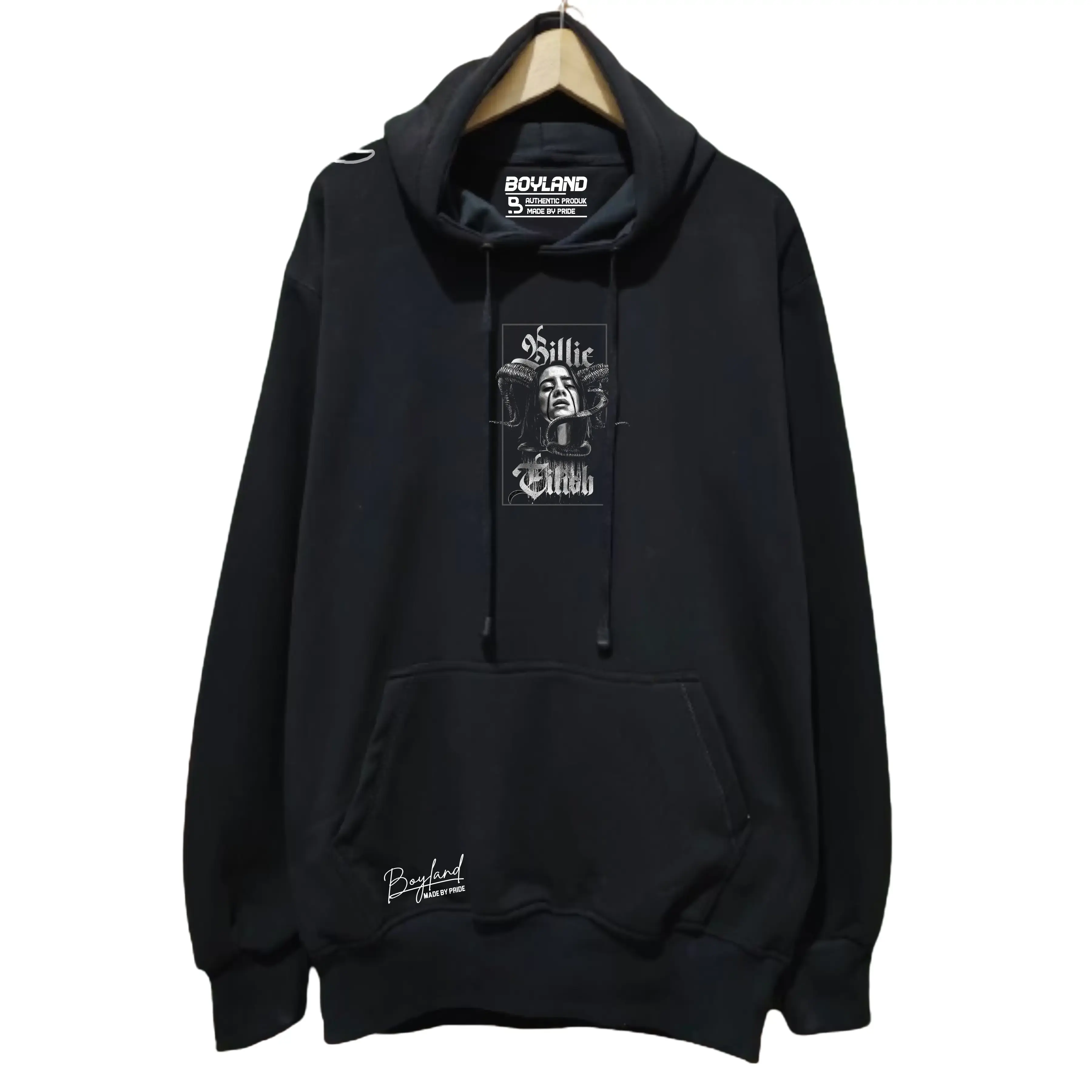 BoyLand Hoodie BILLIE EILISH Unisex Cowok Cewek Sweater Cowo Oblong Basic Casual Authentic Distro Motif Sablon Warna Hitam Tangan Panjang Fleece Tebal Lembut Santai nyaman Pria Outdoor Suiter Jumper Garis Jeans Garis Jeans Lokal Couple Keren Pasangan