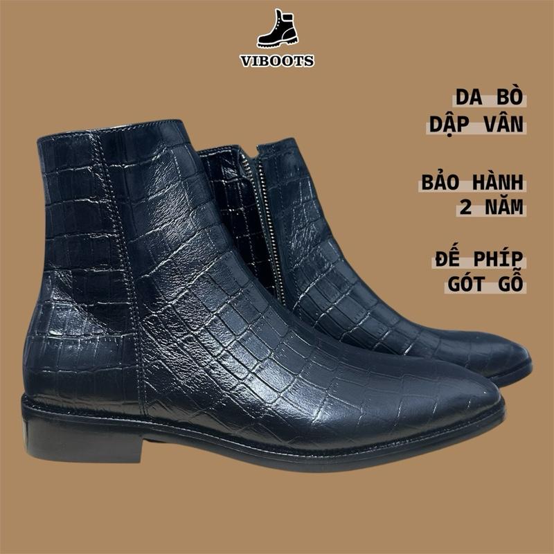 Giày Zip Boots Da Bò Thật Dập Vân Cá Sấu Giày Boots Nam Kéo Khóa Đế Phíp Gỗ Tăng Chiều Cao Công Sở Màu Đen Sang Trọng
