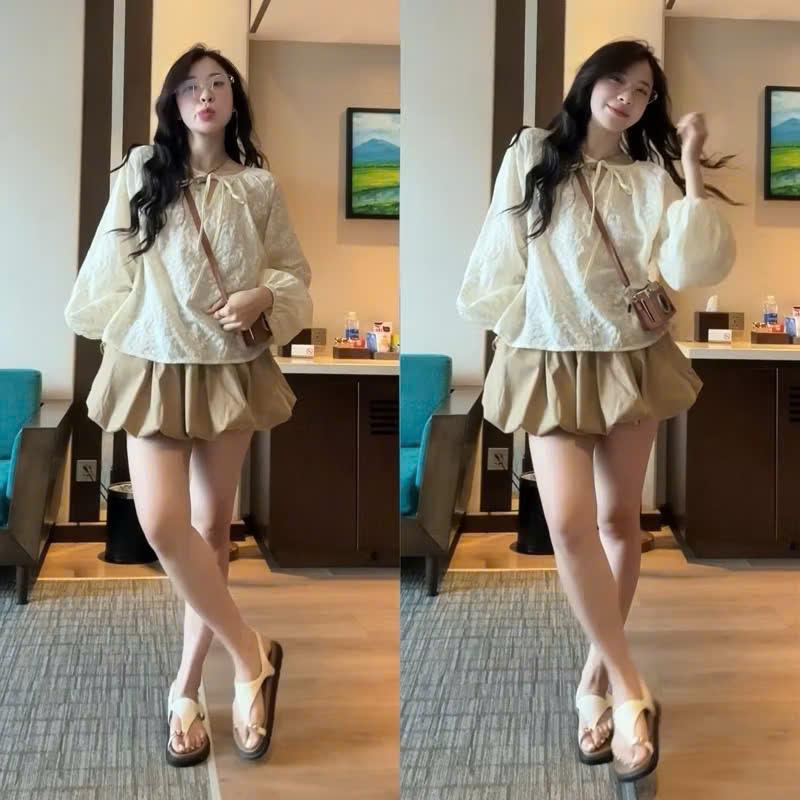 Sét bộ áo ren tay bồng be mix chân váy bí - hiphip clothing