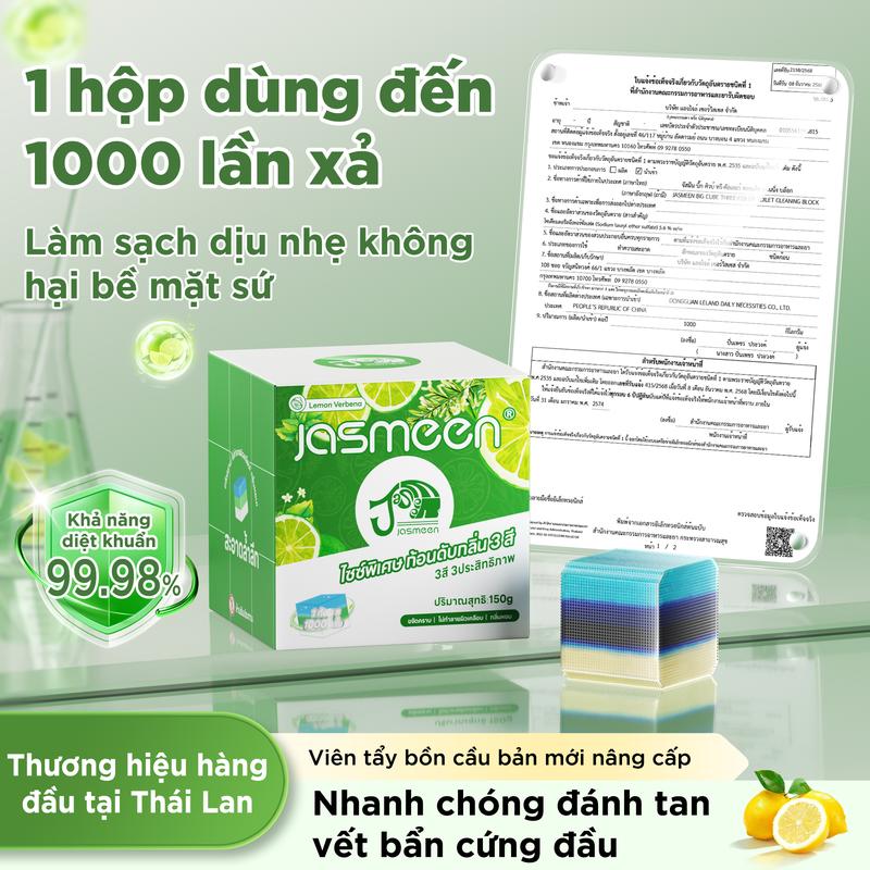  Jasmeen Viên sạch bồn cầu Khổng Lồ Thái Lan 3 màu 1000 lần xả,sạch khuẩn thơm mát làm sạch sâu mảng bám cặn canxi vết ố vàng vết dơ khử trùng khử mùi diệt vi khuẩn toilet công thức kiềm làm sạch nhà vệ sinh viên thả bồn cầu,viên tẩy bồn cầu 