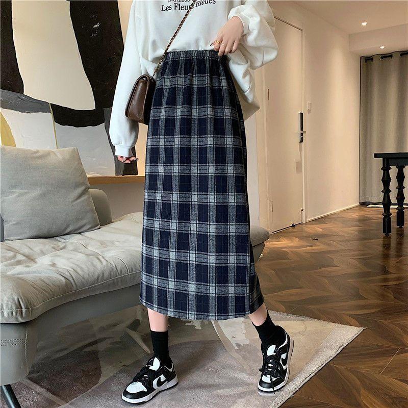 Chân váy midi kẻ sọc mới Chân váy chữ A cổ điển cạp cao cho nữ Chân váy dài E62 Women 5