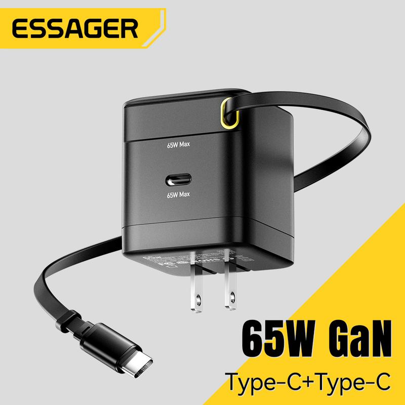 Bộ sạc ESSAGER GaN, 65w, cổng Type-C, Bộ Chuyển Đổi sạc nhanh du lịch, với Cáp Type-C