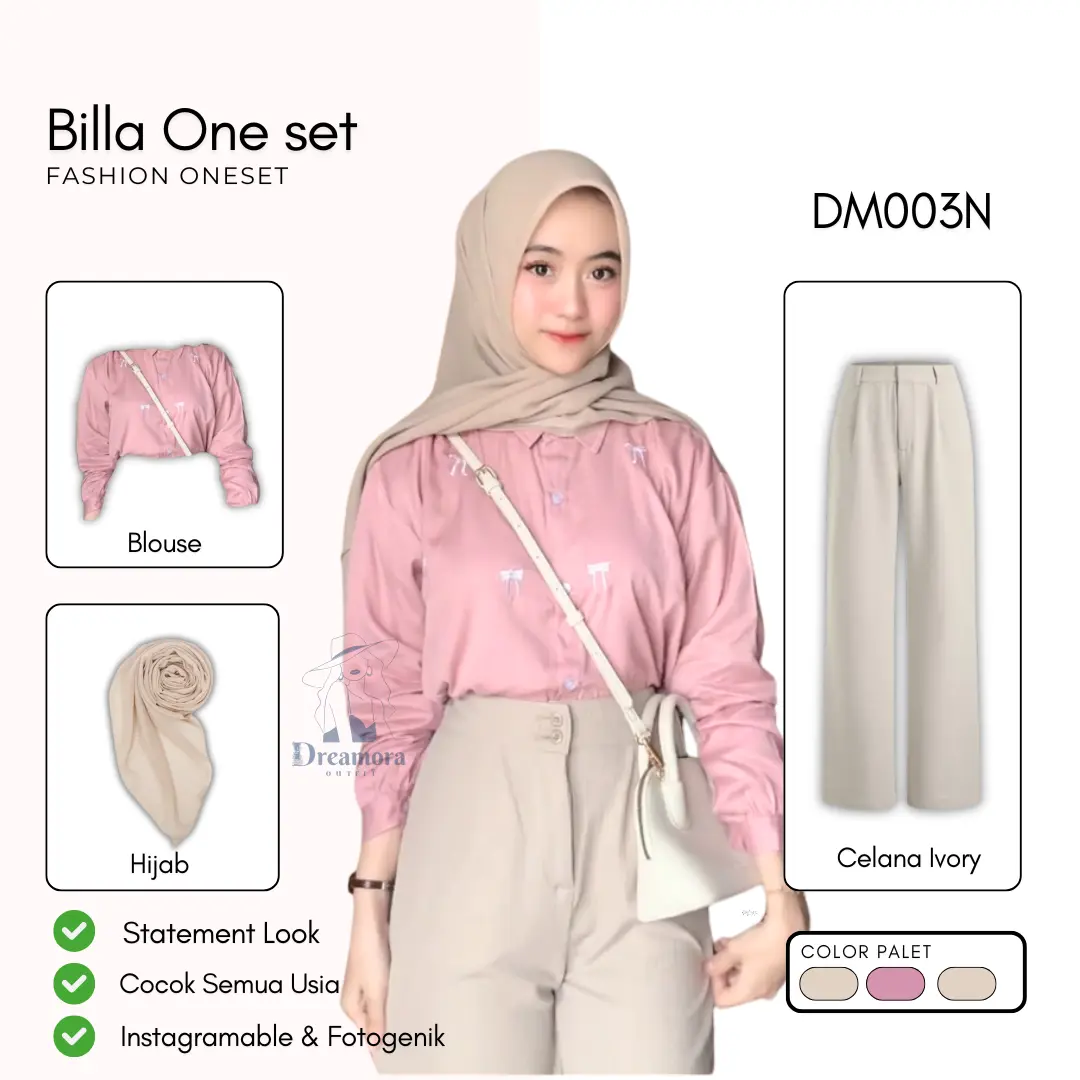 one set remaja 3in1 ( Blouse zoya Pita dusty pink + Celana ivory + hijab scrunchie lucu ) DM003N Basic Linen Panjang Setelan Wanita Atasan Baju Dewasa Casual Oversize Muslim Katun