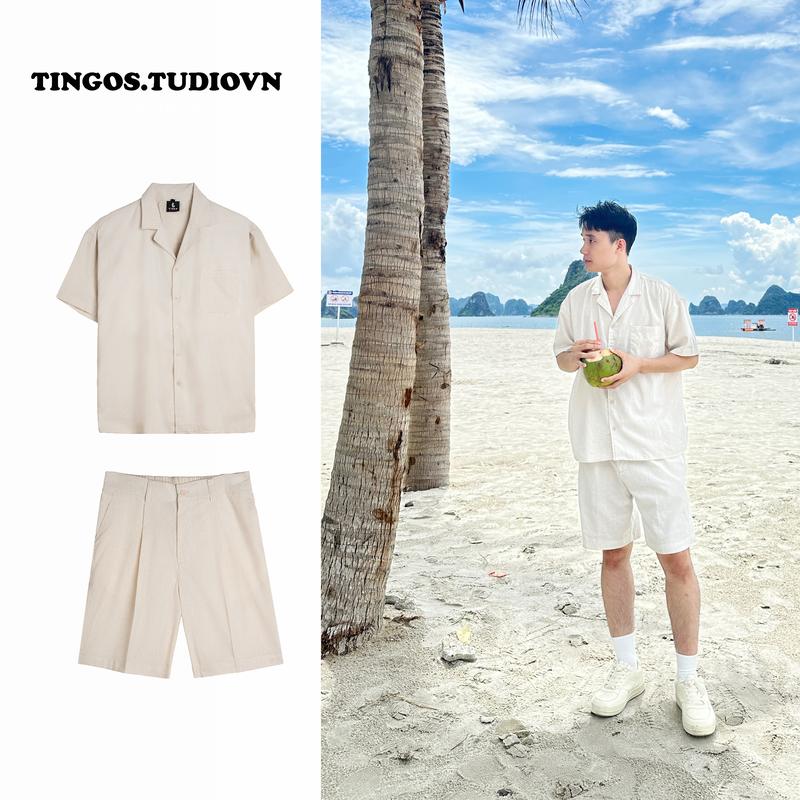 Đồ Bộ Nam short sơ mi cổ vest TINGO Set Đũi Nam (Áo + Quần) Áo Sơ Mi Đũi Cộc Tay Đi Biển Mùa Hè Cao Cấp,thoáng khí 056