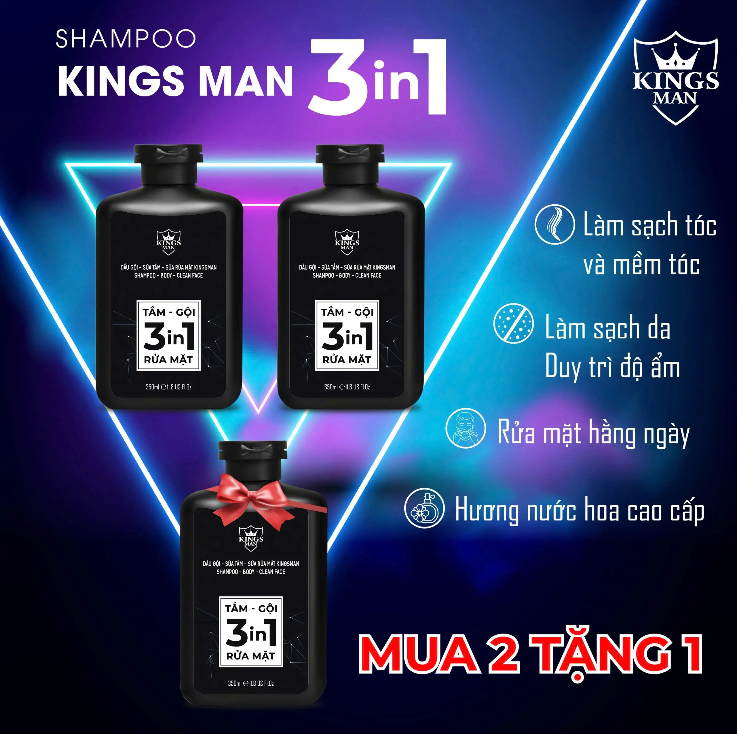(MUA 2 TẶNG 1) Combo 3 Chai Kingsman - Dầu Gội Sữa Tắm Nước Hoa Thơm Lâu Nam 3in1 Shampoo Kingsman Chính Hãng 350ml Mát Lạnh Sảng Khoái