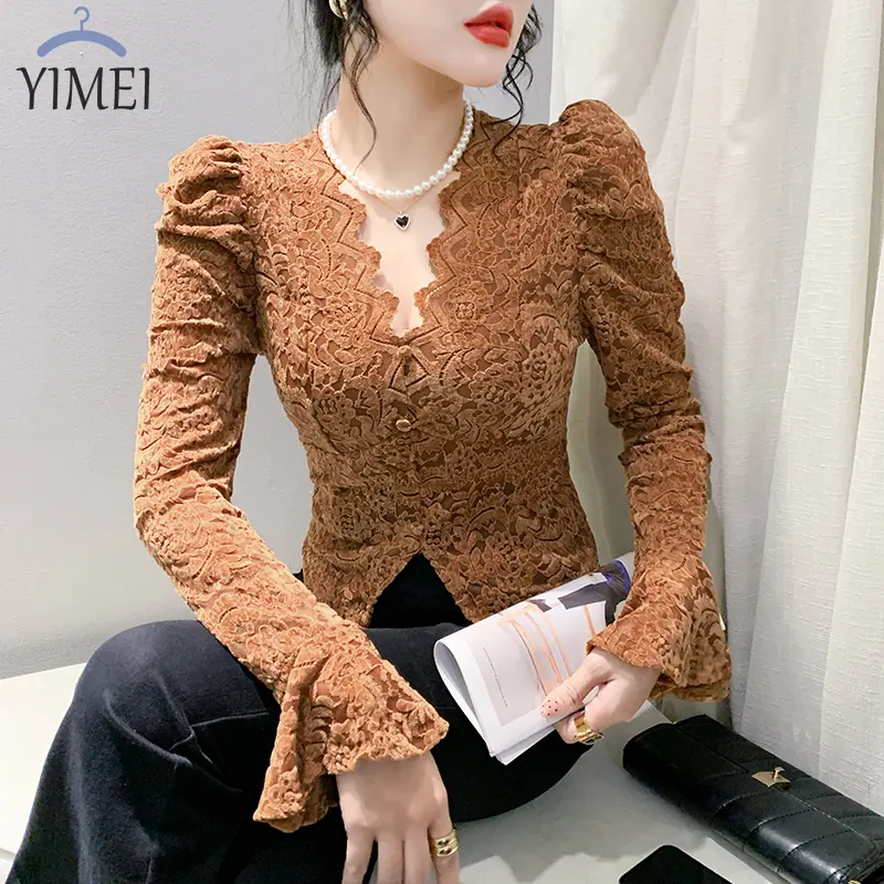 Áo Sơ Mi Ren Cổ Chữ V, DL, Dáng Ôm, Dành Cho Phụ Nữ, Đầu Mùa Thu 2025, Thắt Lưng, Dài Tay Áo, Áo Ngắn, Tay bồng Độc Đáo Áo Sơ Mi Lớp Dưới Đẹp