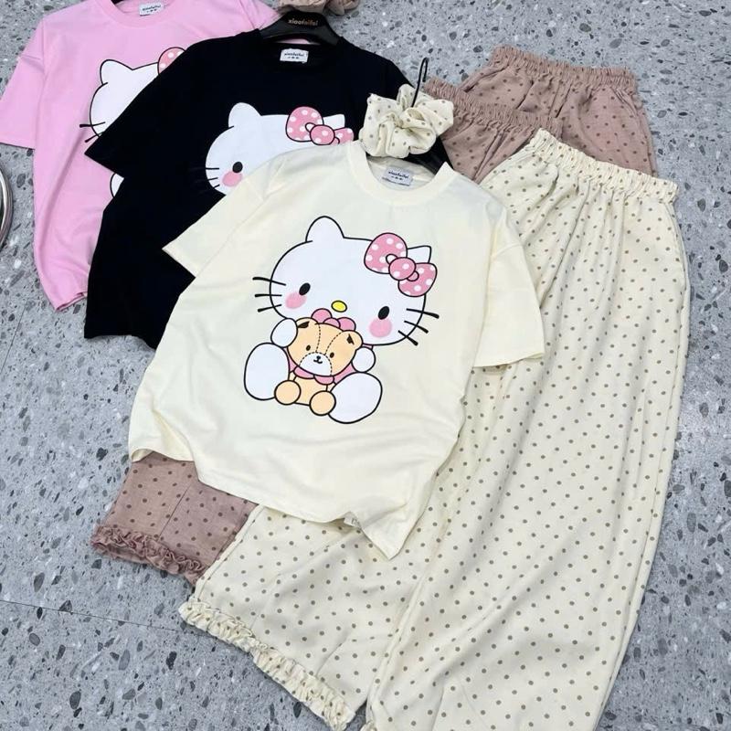 [HONGHANHBOUTIQUE] Bộ mặc nhà nữ/ bộ ngủ nữ hàng QCCC mặc hè cho nữ - Set bộ quần bi áo hello kitty + búi tóc, chất liệu cotton 2 chiều, thoáng mát, thấm hút mồ hôi tốt 0