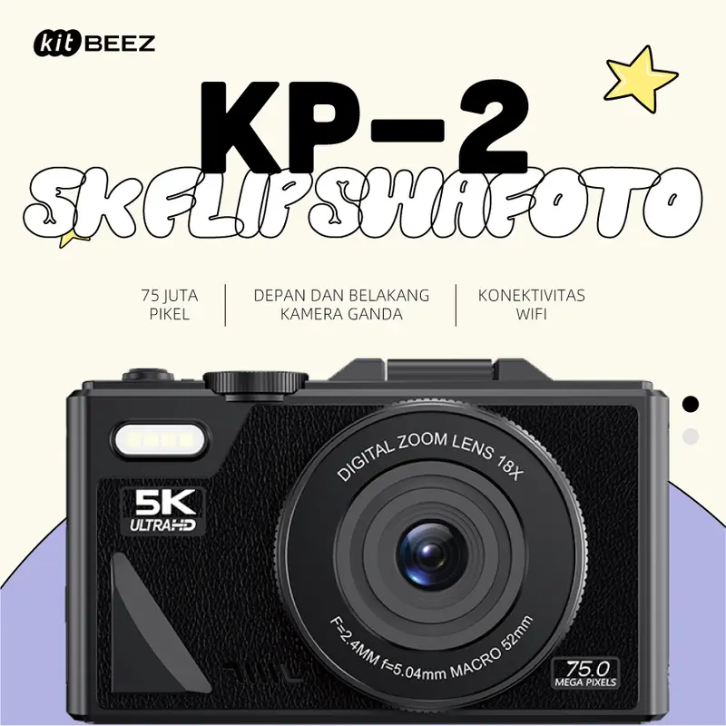 【KiTBEEZ KP-2】Kamera Digital WiFi 5K 75MP, Zoom Digital 18X, Layar Flip  180° untuk Selfie Putih Kamera Tanpa Kartu Baterai 2x Charger