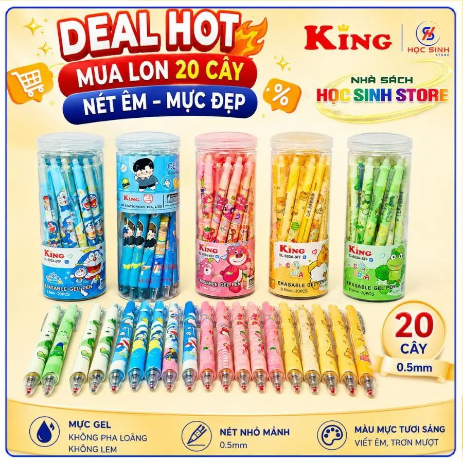 Lon 12/20 Cây Bút Gel Bấm Xóa Được King Ngòi 0.5mm Màu Mực Xanh/Tím (Giao Mẫu Ngẫu Nhiên) Bút Xóa Được Dành Cho Học Sinh Tiểu Học, Mực Đậm, Nét Nhỏ