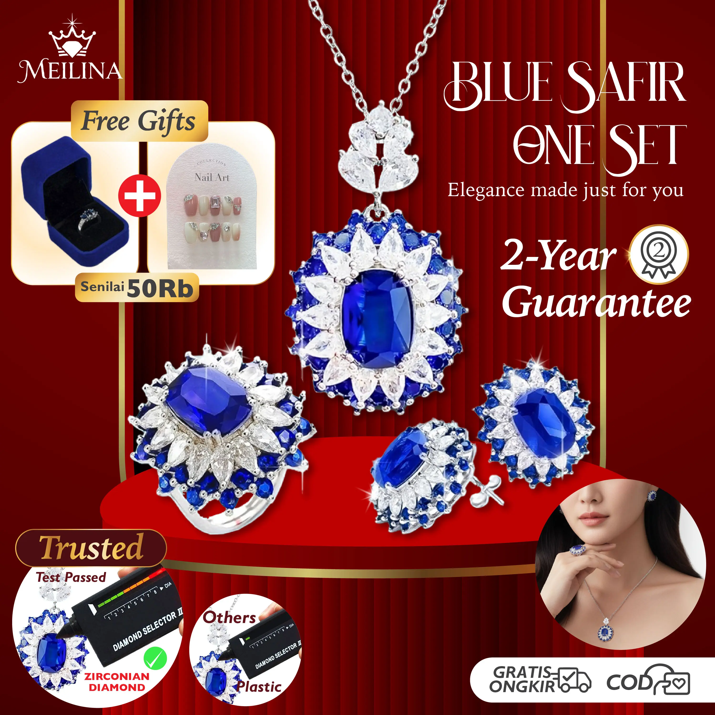 (FREE BOX) MEILINA Set Perhiasan Batu Safir Blue Safir Kalung Anting Cincin Wanita Premium Original Anti Karat Accessories one set K10-8