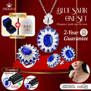 (FREE BOX) MEILINA Set Perhiasan Batu Safir Blue Safir Kalung Anting Cincin Wanita Premium Original Anti Karat Accessories one set K10-8