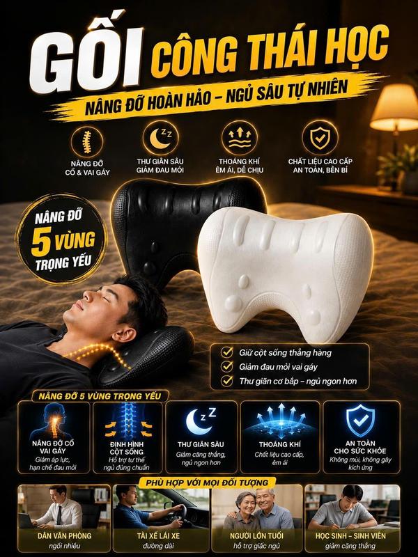 Gối Công Thái Học Massage Cổ Vai Gáy – Thư Giãn Cột Sống Cổ, Hỗ Trợ Nâng Đỡ Cổ…