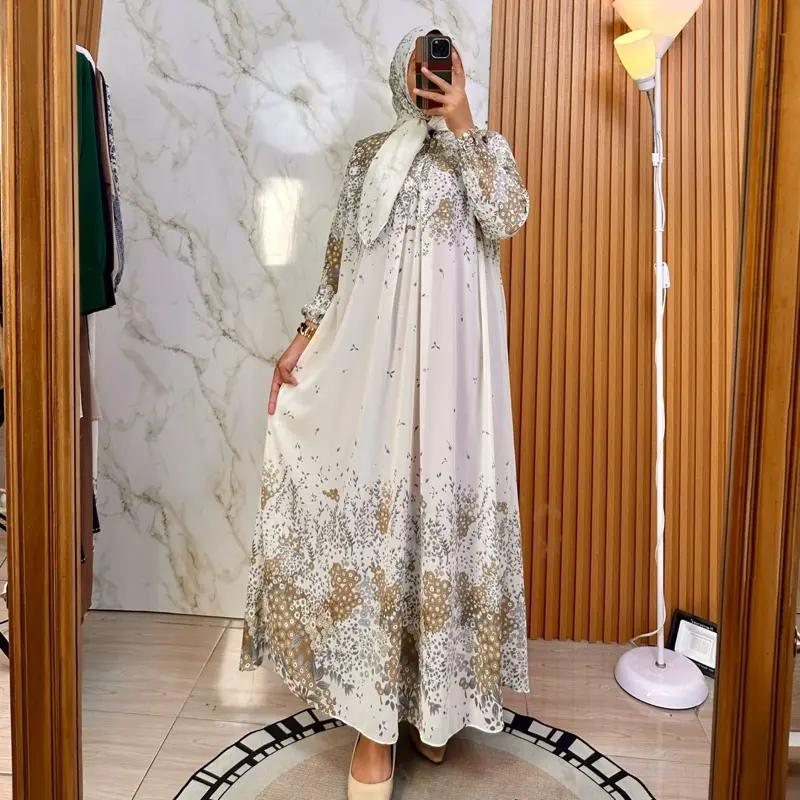Dewi Dress Set Hijab Ceruty Digital Printing Motif Printing Cantik & Elegan Bahan Ceruty Nyaman untuk Wanita Muslim Formal Lebaran - Syari, Pashmina, Mewah 0