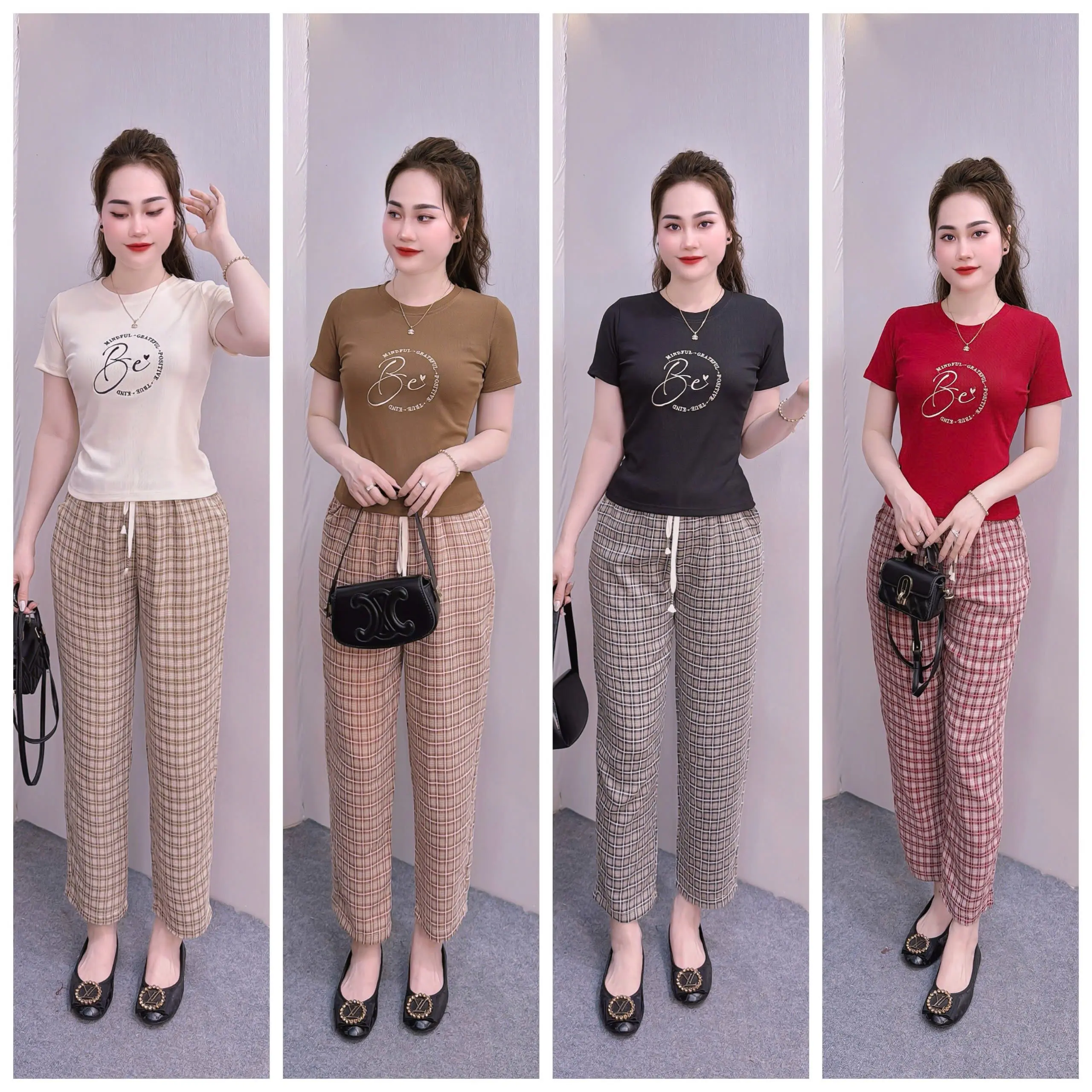 Bộ đồ thêu BE áo thun tăm- quần kẻ thô - Azela cao cấp 6