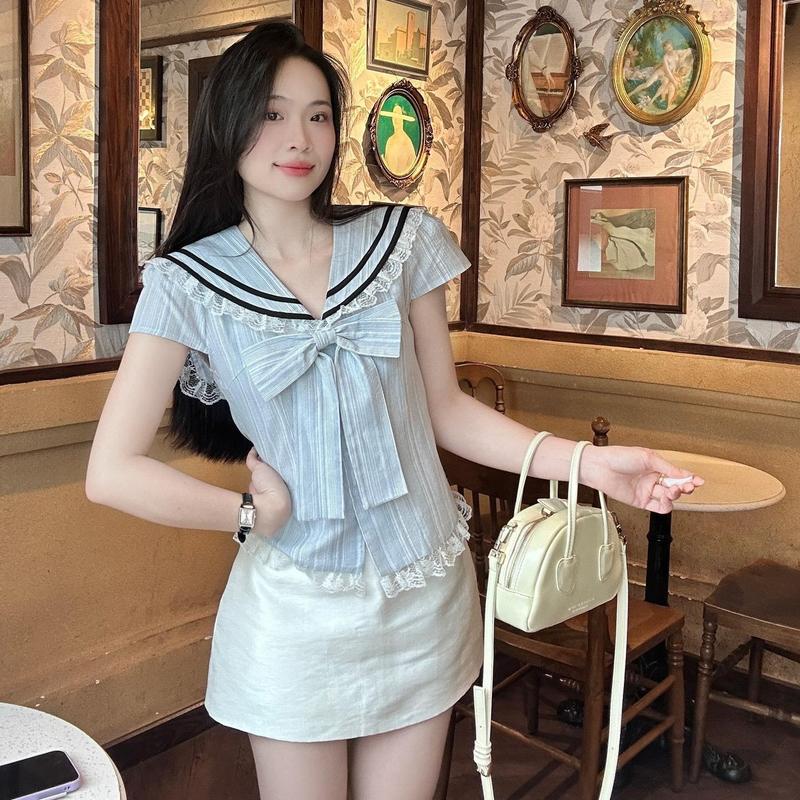 ( 5-Size ) Áo sơ mi cổ thủy thủ viền ren phối nơ xinh xắn  trẻ trung LAMO - B1464