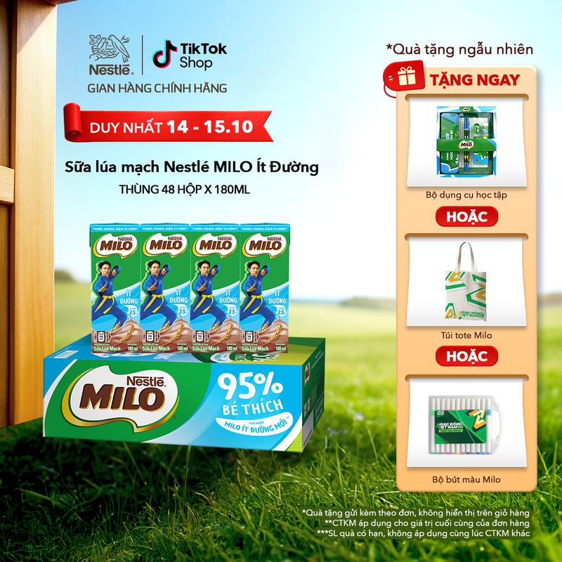 Nestlé VN Sữa lúa mạch Nestlé MILO ít đường thùng 48 hộp x 180ml (12x4x180ml)-ST