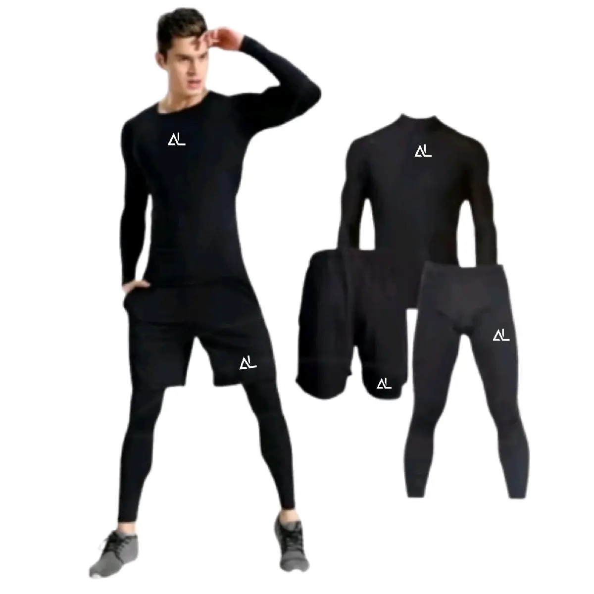 Full set Baju Manset Lengan Panjang Baju Baselayer Celana Pendek Legging Street Panjang Olahraga Pria Sport Futsal Lari Gym Basket Voly berlari slim-fit
