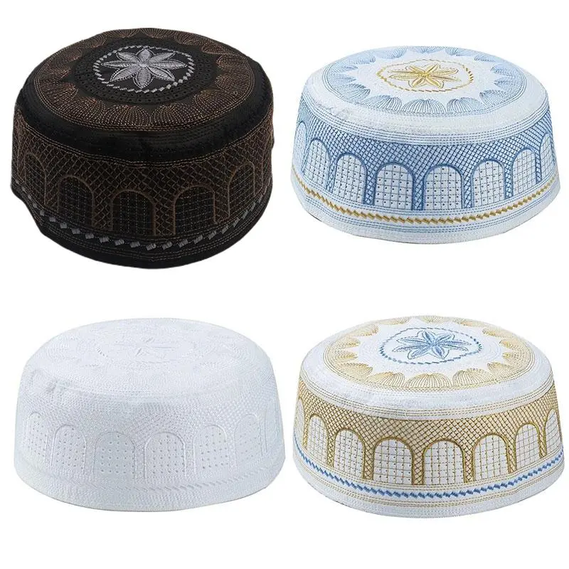 Muslim Men Prayer Caps Embroidery Cotton Leisure Islamic Hat Saudi Arabia India Bonnet Clothing Accessories