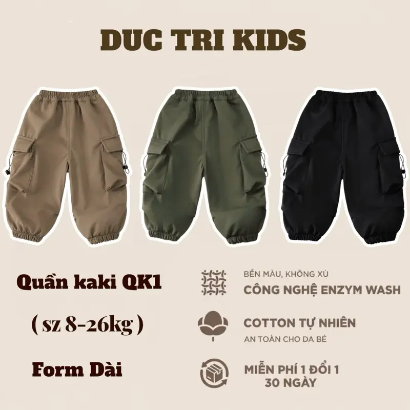 Quần KAKI Hai Da mềm túi hộp (QK1) cho bé trai dễ phối đồ từ 8-26kg trơn bo gấu có thể giặt máy
