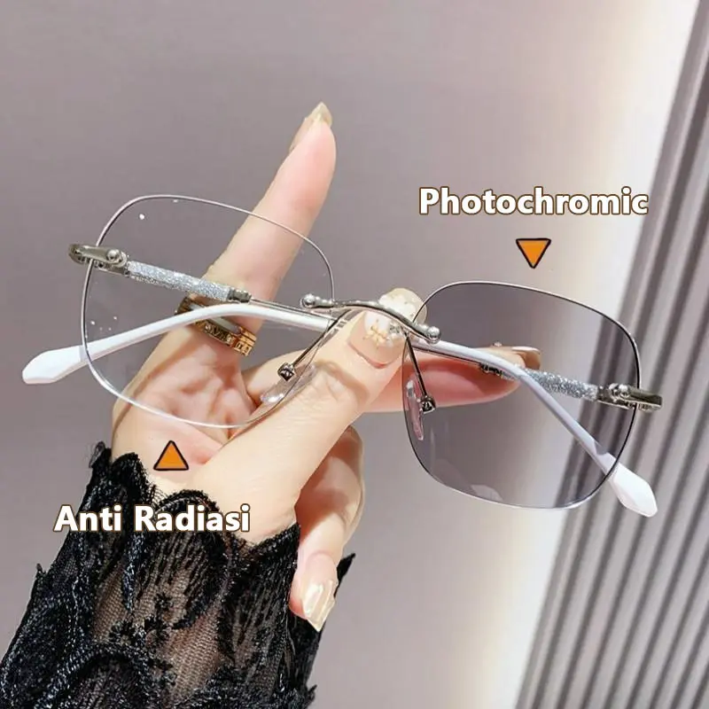 Kacamata Photochromic Anti Radiasi Rimless Wanita Kacamata Bingkai Persegi Retro Logam Korea Fashion