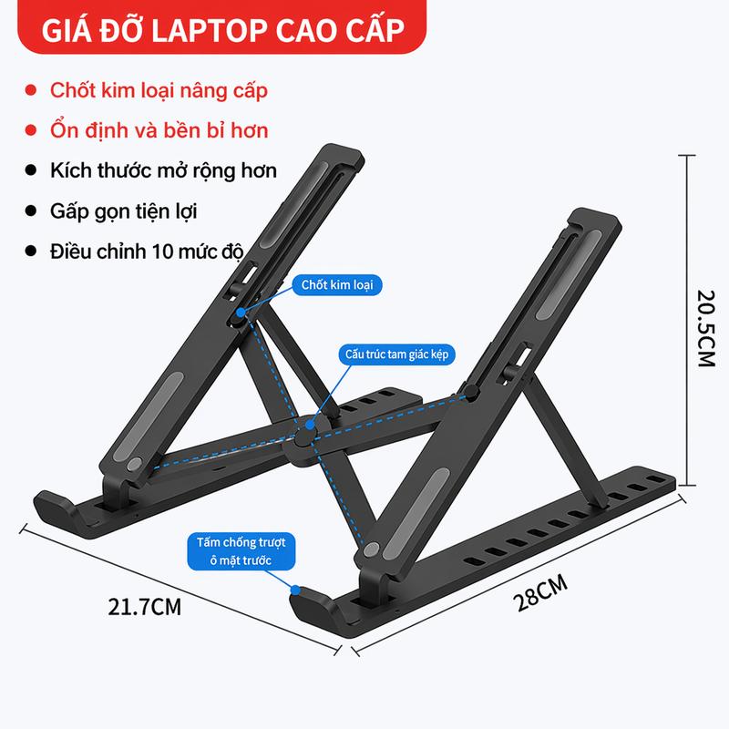 Giá đỡ laptop bằng nhựa 2026, chốt kim loại nâng cấp, ồn định và bền bỉ hơn, kích thước mở rộng hơn, gập gọn tiện lợi, điều chỉnh 10 mức độ