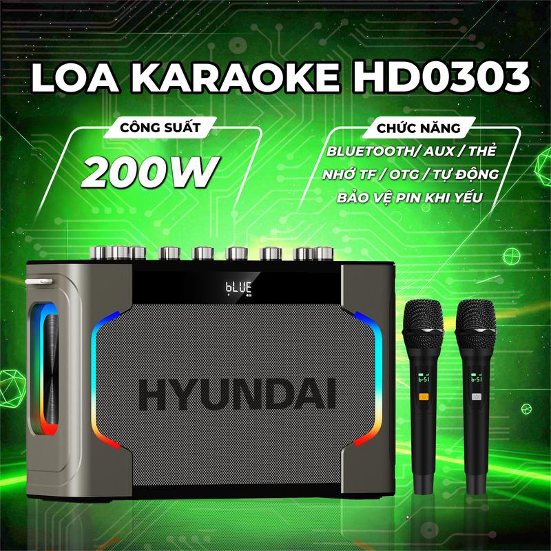 Loa HYUNDAI Loa Karaoke Xách Tay HD0303, Công Suất Lớn 200W Đèn Led RGB Kèm 2 Micro AUX TP Card USB