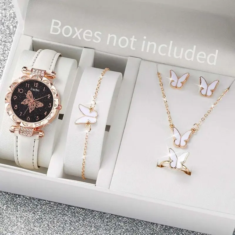 5PCS Jam Tangan Kuarsa Wanita Bergaya Berlian Berlian Kupu-kupu Dial PU Tali Kulit  Quartz Watches Kaca Set Perhiasan Kupu-kupu Gratis (Tanpa Kotak) 2