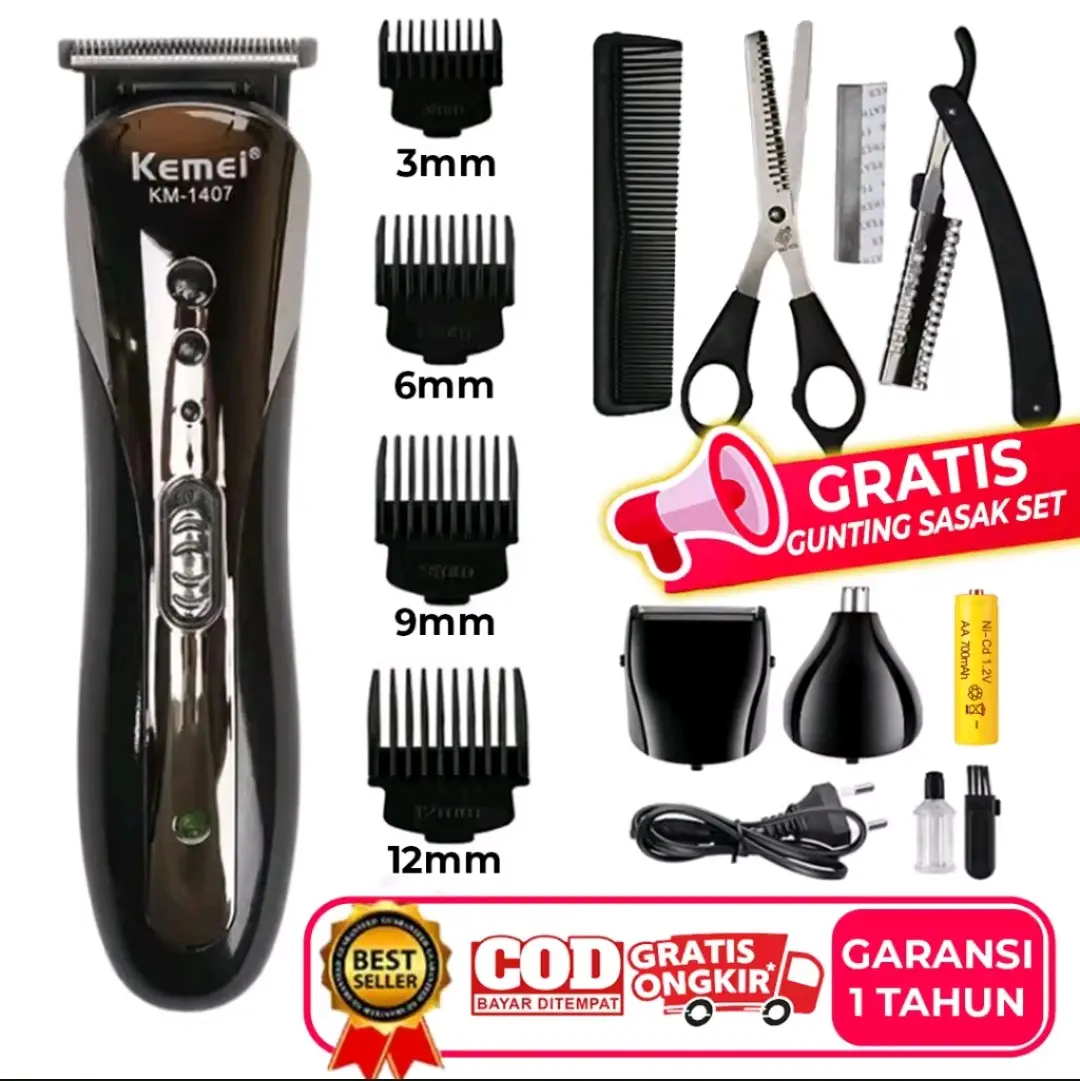 murah Set Alat Cukur Rambut Elektrik - Paket Lengkap Pisau Cukur Rambut Dewasa dan Anak KEMEI KM 1407 / KM 1419 Rechargeable - Alat Potong Kumis Dan Jenggot