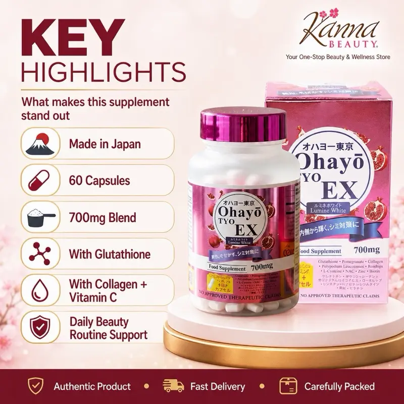 OHAYO TYO Tokyo EX Lumine White | MADE IN JAPAN Whitening Capsule FDA APPROVED Glutathione Colagen Collagen Vitamin 60 capsules Organic GMO Free Gluten Free Supplement Beauty