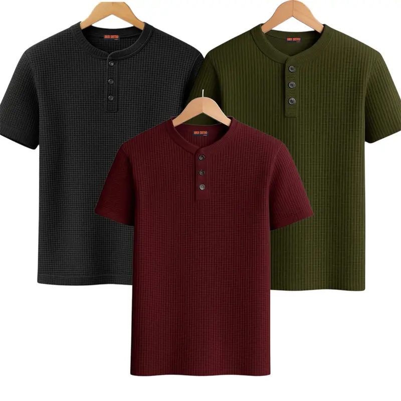 Paket 3 Pcs Kaos Pria Polos Waffle Kancing Shanghai Santai Crew Neck - Baju, Pendek 4