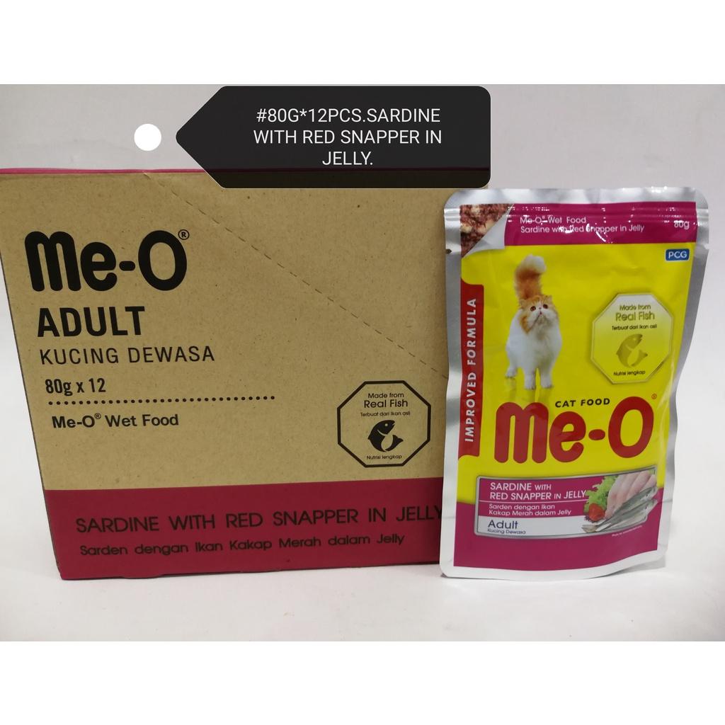 (48xPacks) Me-O Pouch Adult Wet Cat Food Feed 80gram Sardine with Red Snapper in Jelly Makanan Kucing
