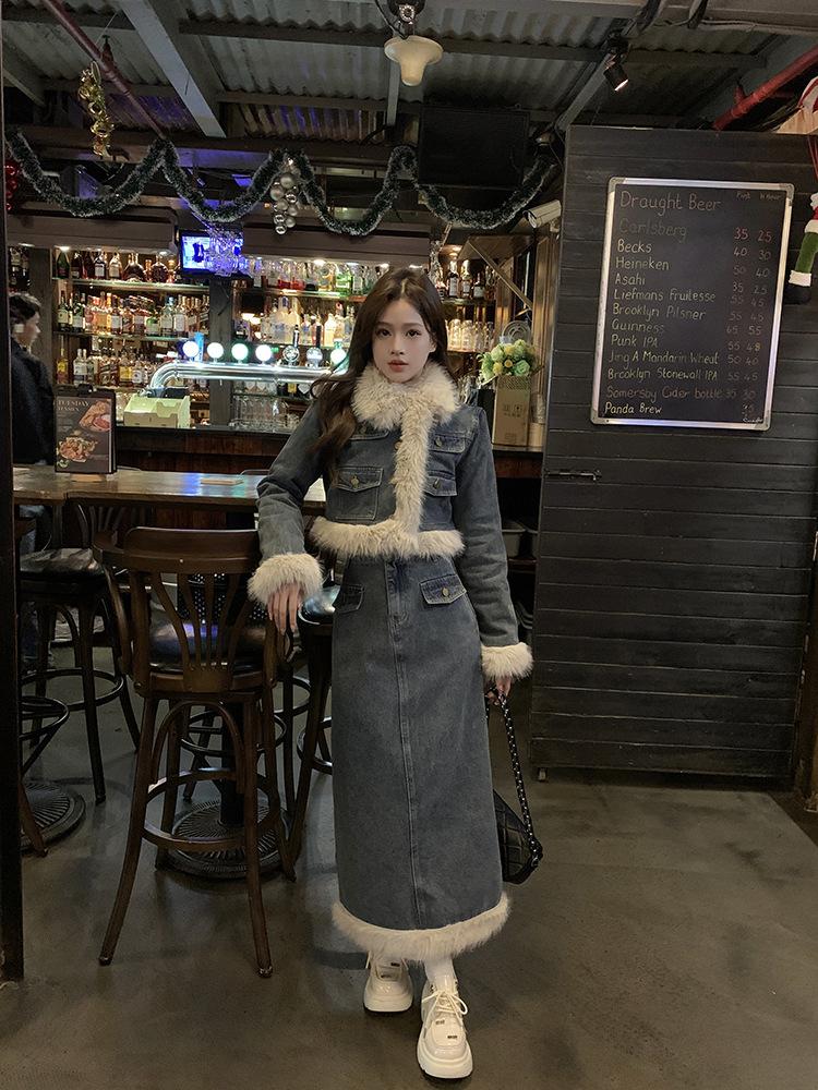 Product Introduction of Fujia Qianjin-Áo Khoác Denim Chần Bông Dày Lót Lông Cừu Cho Nữ, Váy Cạp Cao, Trang Phục Thời Trang Mới Mùa Đông 2023 38