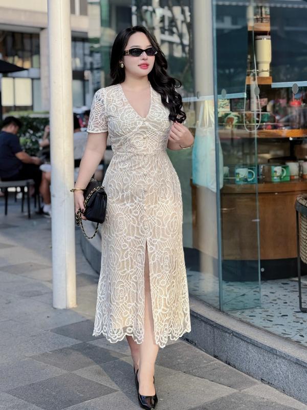 Hà Bigsize 55kg - 90kg Đầm tiệc Ren dáng dài thiết kế chiết eo che bụng mỡ dành cho Nữ Bigsize