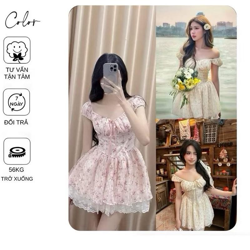 ( có bigsize- xã kho ) Đầm hoa nhí dáng xoè tầng phối ren dây rút dễ thương có mút ngực + lót quần by Tường Vy Shop