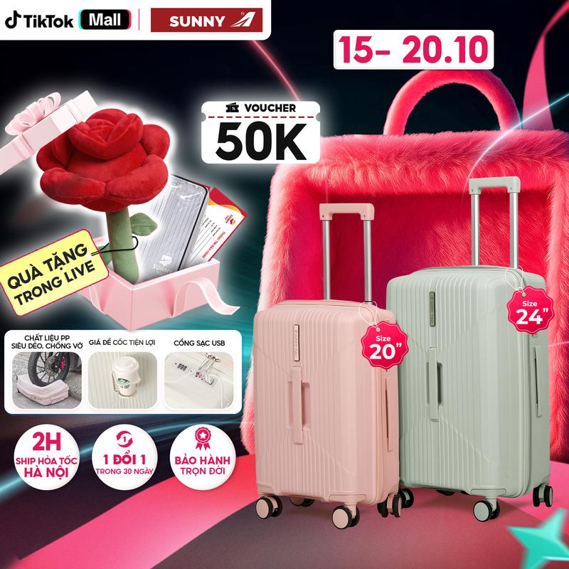 Sunny Choco - Vali Du Lịch Nhựa PP Chống Vỡ Tuyệt Đối Xách Tay Kí Gửi Size 20 24 Inch Màu Hồng Xanh Freeship Toàn Quốc Trong 30 Ngày