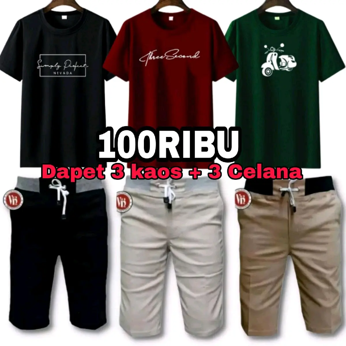 100 Ribu Dapat Setelan 3 Kaos + 3 Celana Chino Polos Pendek Casual Santai  Pria Dewasa