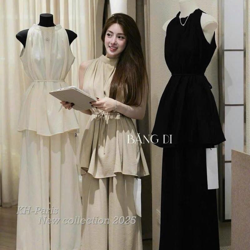 Q81 Set áo cổ yếm cột nơ + quần dài vải đũi form 40-60kg mang vừa phù hợp đi chơi . di du lich chất mát thoáng thấm hút mồ hồi Hằng tidy