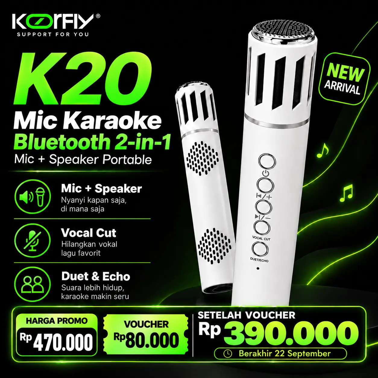 KOORFLY K20 Mic Karaoke Bluetooth 2-in-1 + Speaker Portable | Vocal Cut, Duet & Echo | TF Card & Earphone Support