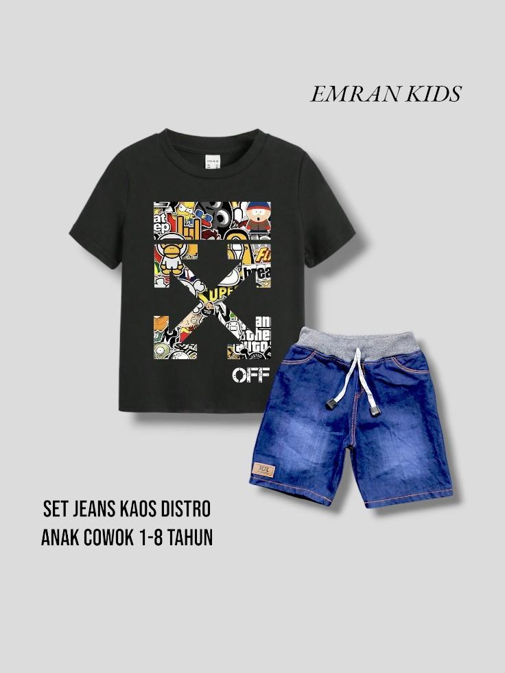 one set anak laki laki jeans ripped kaos distro motif cross line GTA katun adem usia 1-8 tahun Fashion Cowok Cewek Bunda Parsel