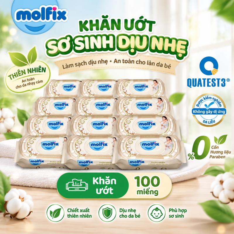 Thùng 12 gói Khăn ướt Molfix Thiên nhiên - Gói 100 miếng cho bé Molfix Việt Nam