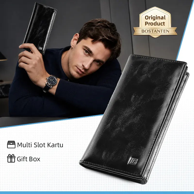 BOSTANTEN Luma Zip Wallet Dompet Lipat Panjang Pria Slot Kartu Kulit PU Warna Hitam/Kopi