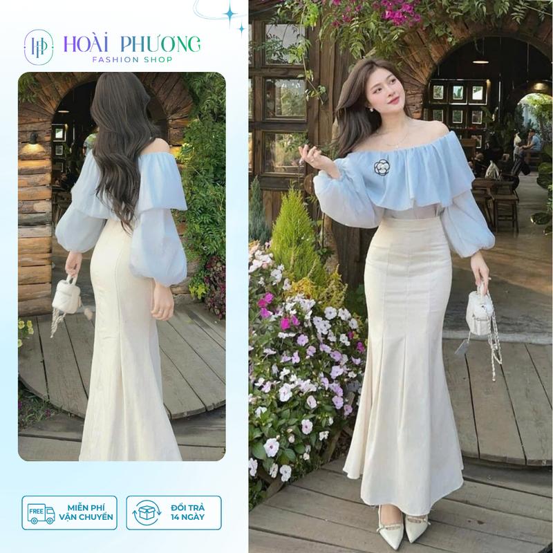 Set váy trễ vai chây váy đuôi cá dài chất tơ mảnh kèm hoa trà siêu dịu dàng Set chân váy đuôi cá tôn dáng chất kaki mềm Hoài Phương Shop