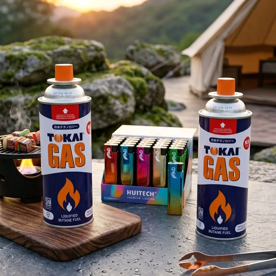 Gas Tokai kaleng portabel 235gram 2pcs + korek api bara warna warni - Asli segelan pabrik