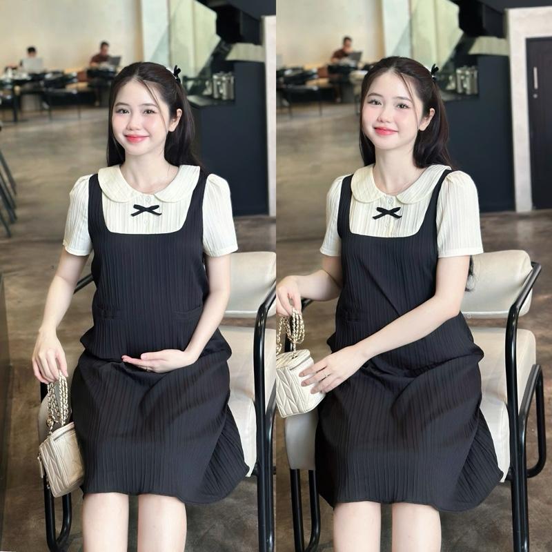 Đầm bầu Kido cổ sen nơ yếm liền form suông gọn dáng thanh lịch chất xốp hàn