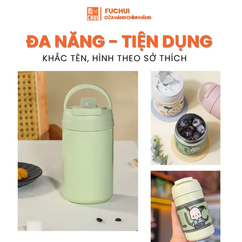 Bình Giữ Nhiệt FuChui 500ml Inox 304 – Thiết Kế Cute - Có Ống Hút - Khắc Tên Theo Yêu Cầu 5